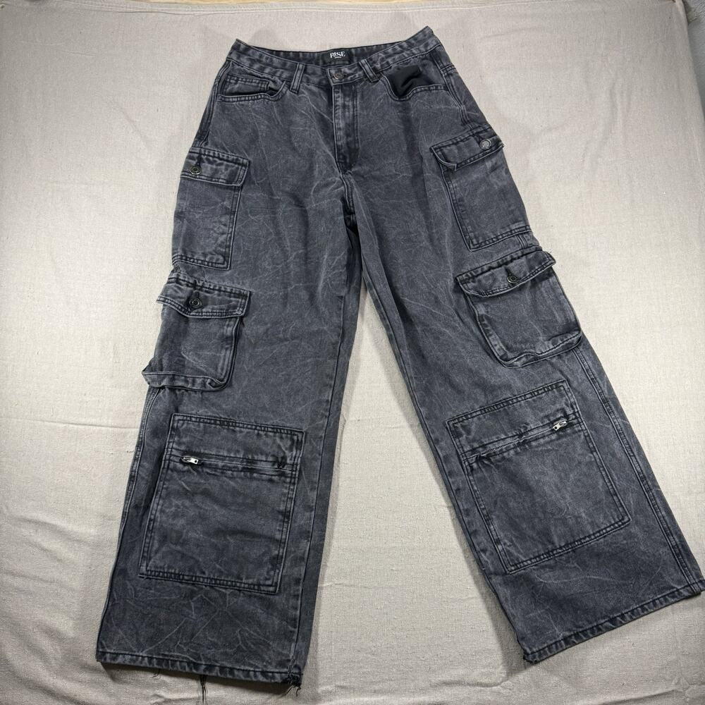 Rise Cargo Jeans Womens Size 11 Black Wash Denim Wide Leg Baggy Y2K Skate Grunge
